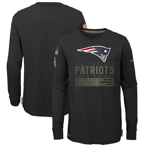 Youth New England Patriots 2020 Black Salute To Service Sideline Performance Long Sleeve T-Shirt